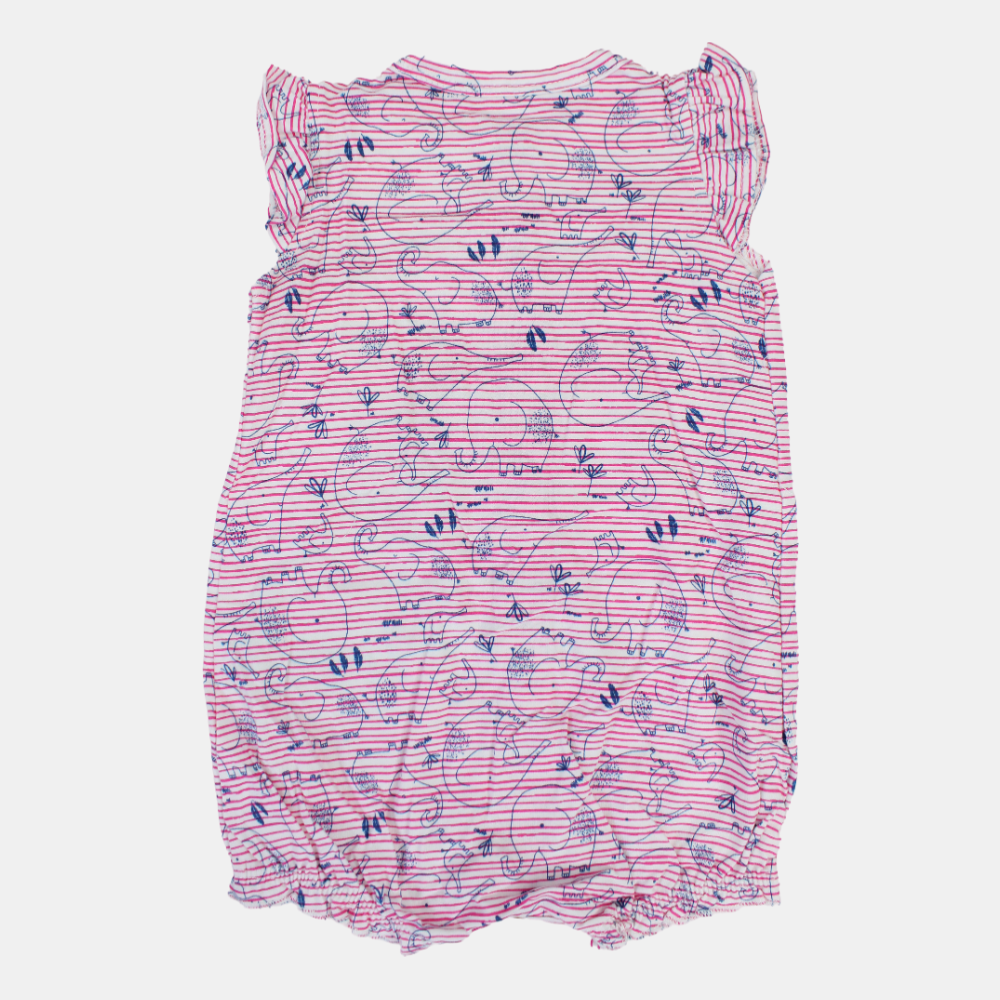 Baby Girls Cotton Romper – Pink Striped with Elephant Print