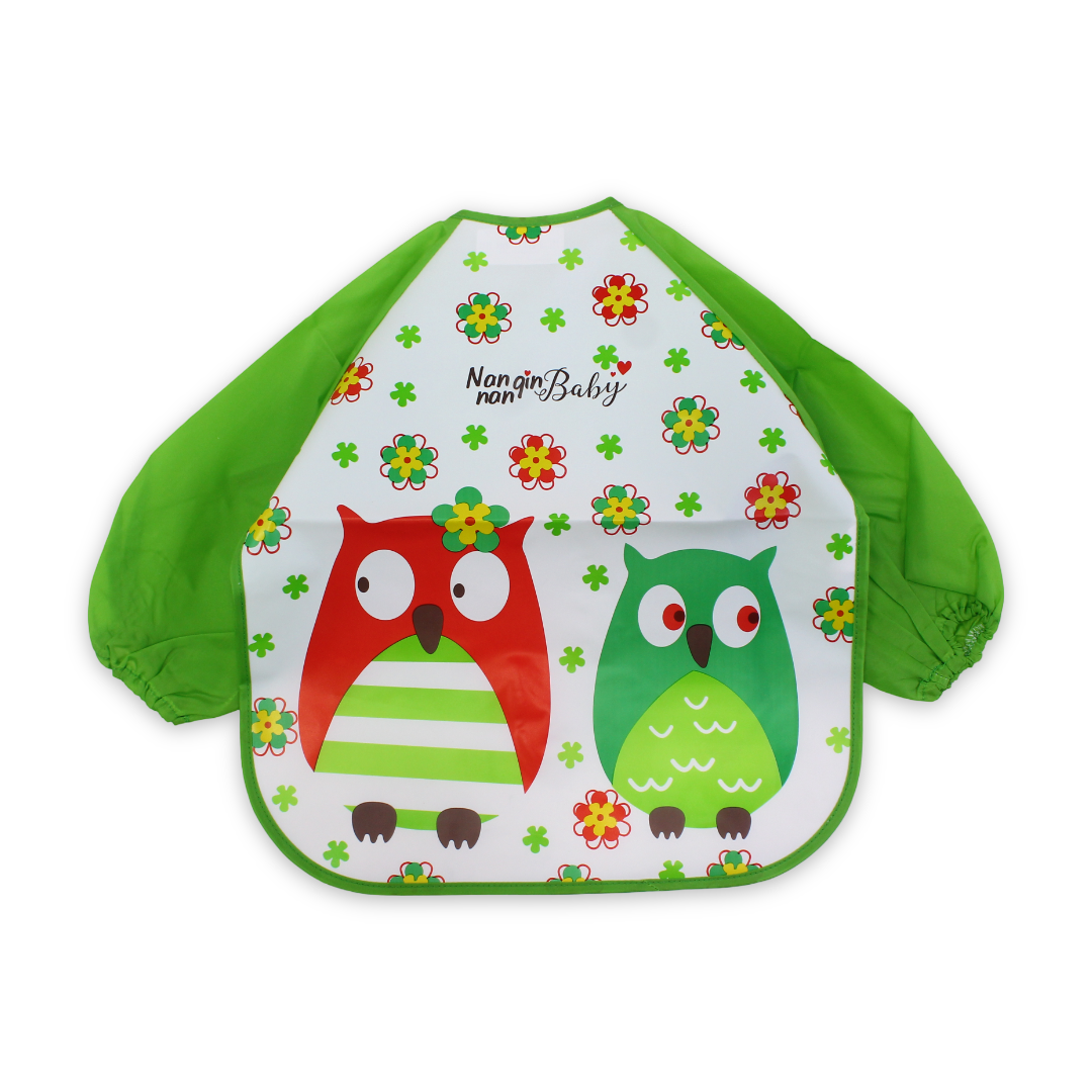 Silicone Long-Sleeved Baby Bib – Green with Owl Print - Baby Essentials - Bella Bambino