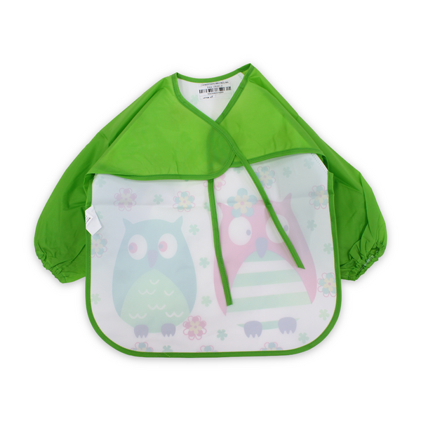 Silicone Long-Sleeved Baby Bib – Green with Owl Print