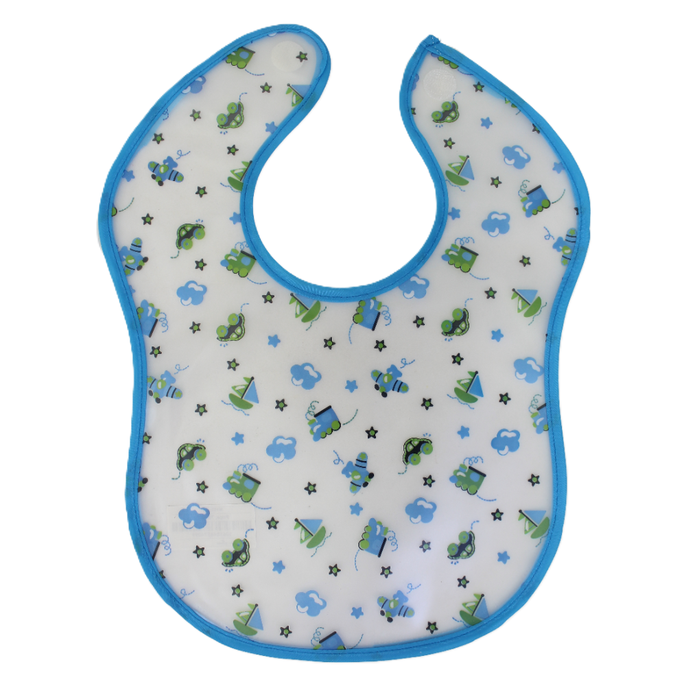 Waterproof Plastic Baby Bib – Baby Blue with Cars Print