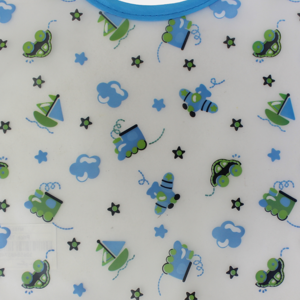 Waterproof Plastic Baby Bib – Baby Blue with Cars Print