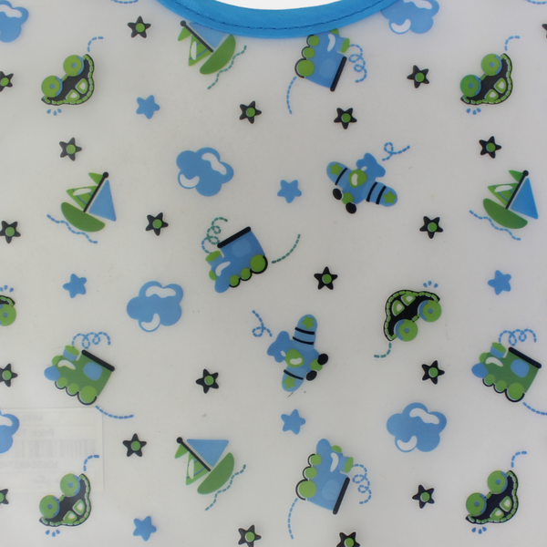 Waterproof Plastic Baby Bib – Baby Blue with Cars Print