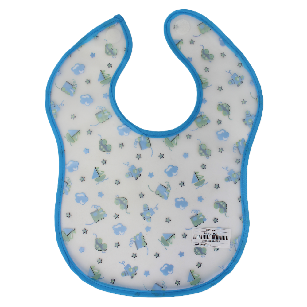 Waterproof Plastic Baby Bib – Baby Blue with Cars Print