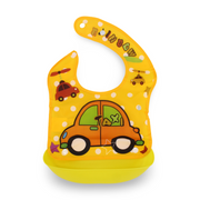 Silicone Baby Bib with Food-Catching Pocket – Yellow with Taxi Print
