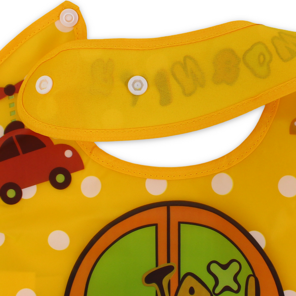 Silicone Baby Bib with Food-Catching Pocket – Yellow with Taxi Print