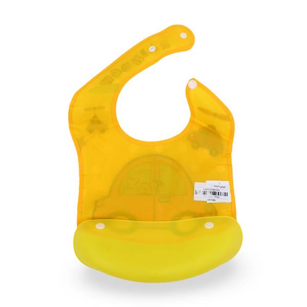 Silicone Baby Bib with Food-Catching Pocket – Yellow with Taxi Print