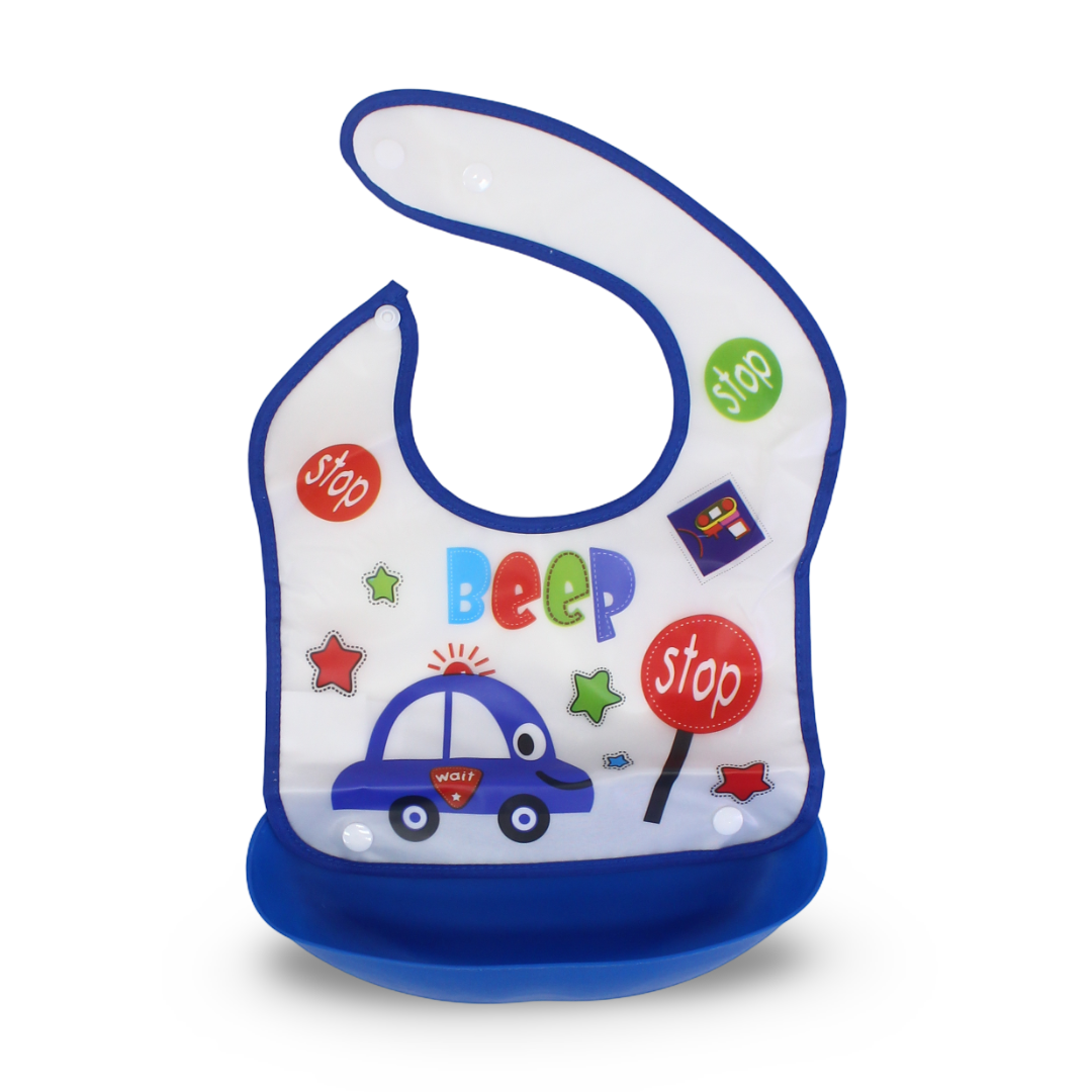 Silicone Baby Bib with Food-Catching Pocket – Blue with Beep-Beep Print - Baby Essentials - Bella Bambino