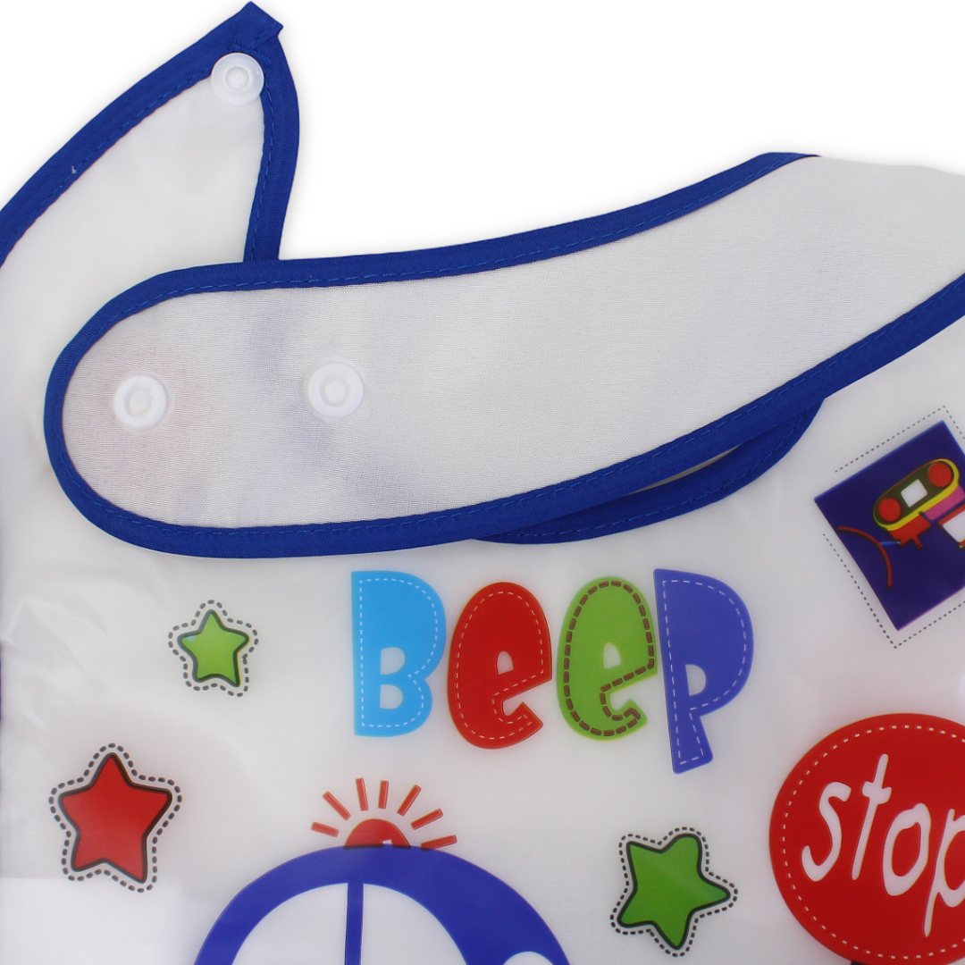 Silicone Baby Bib with Food-Catching Pocket – Blue with Beep-Beep Print