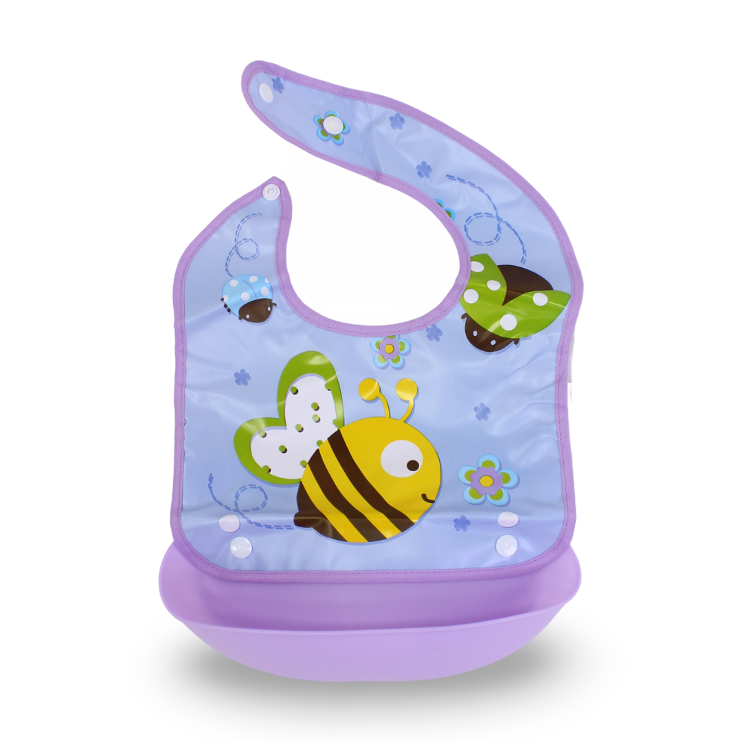 Silicone Baby Bib with Food-Catching Pocket – Purple with Bees Print - Baby Essentials - Bella Bambino