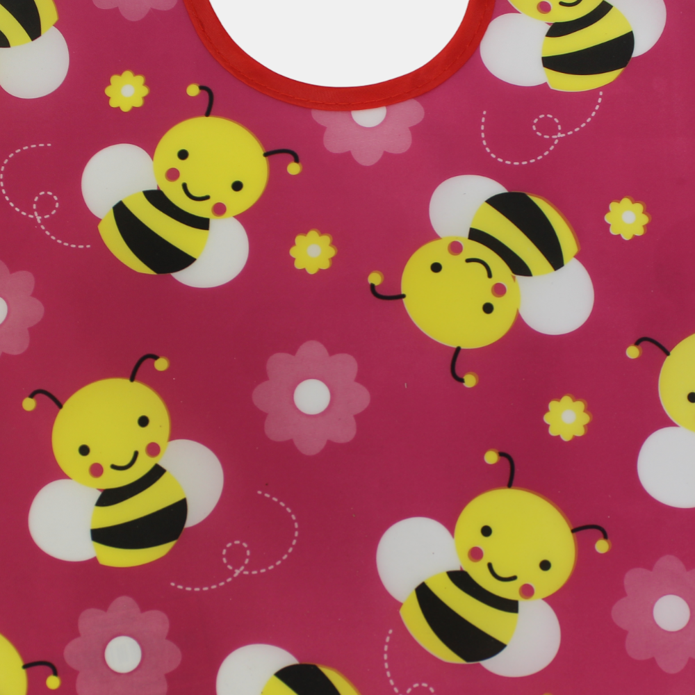 Waterproof Plastic Baby Bib – Fuchsia with Bees Print