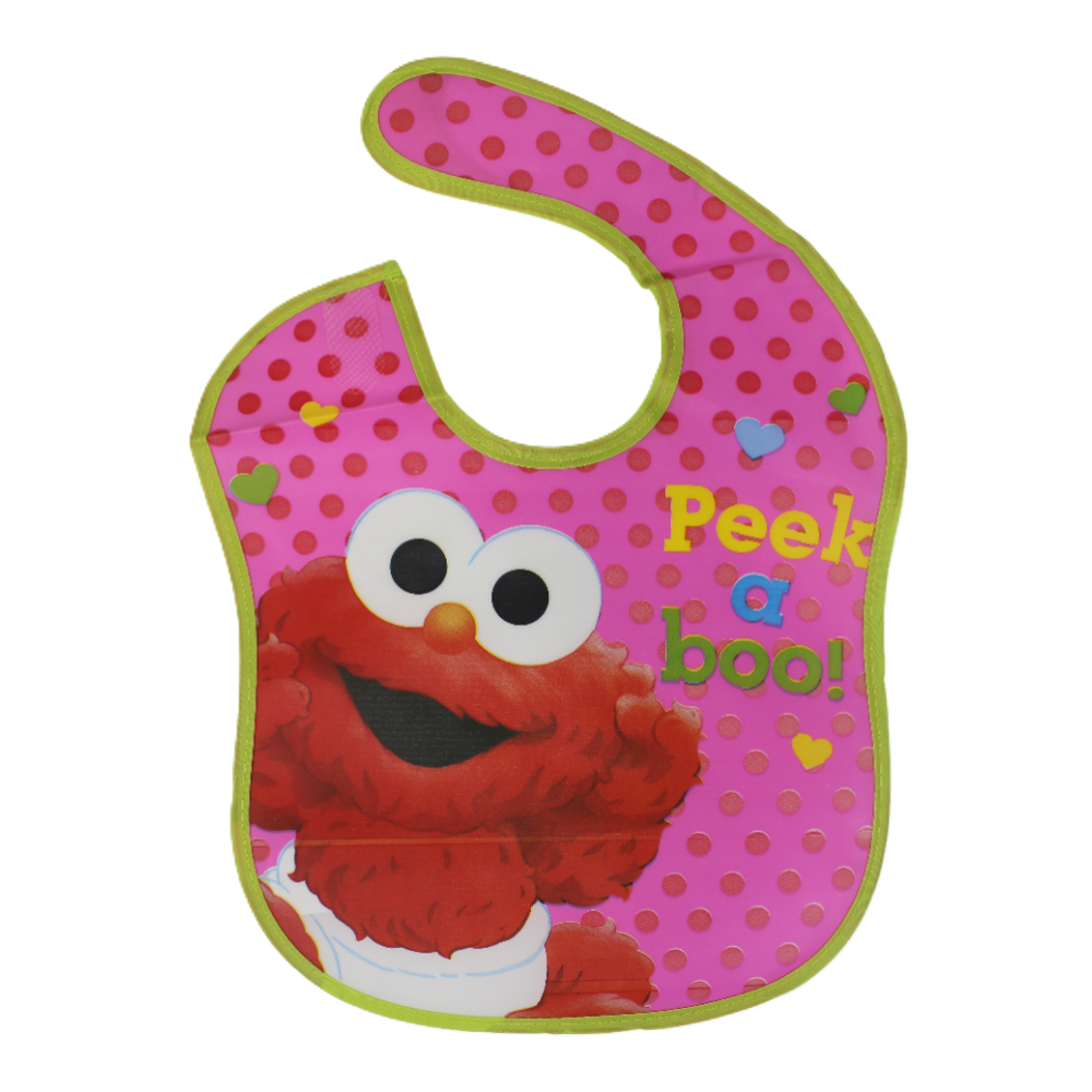 Waterproof Plastic Baby Bib – Pink with Sesame Street "Peek-a-Boo" Print