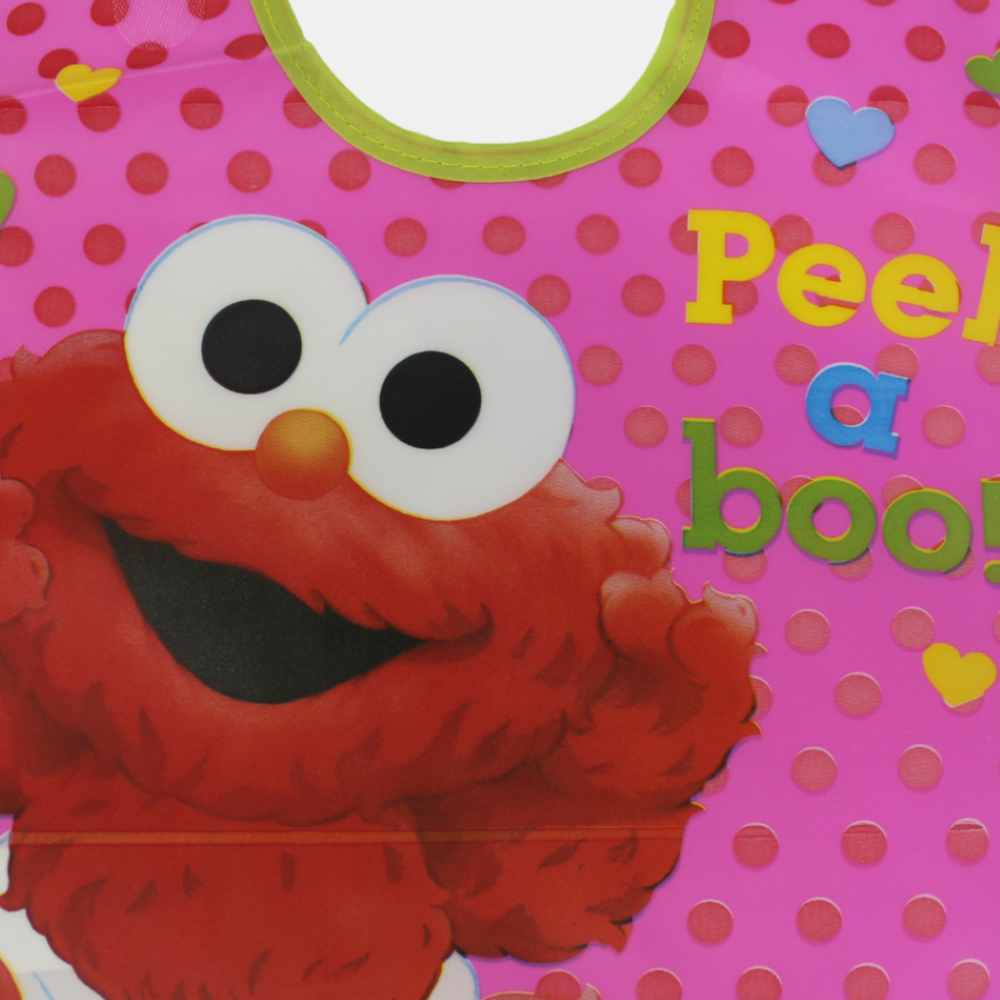 Waterproof Plastic Baby Bib – Pink with Sesame Street "Peek-a-Boo" Print