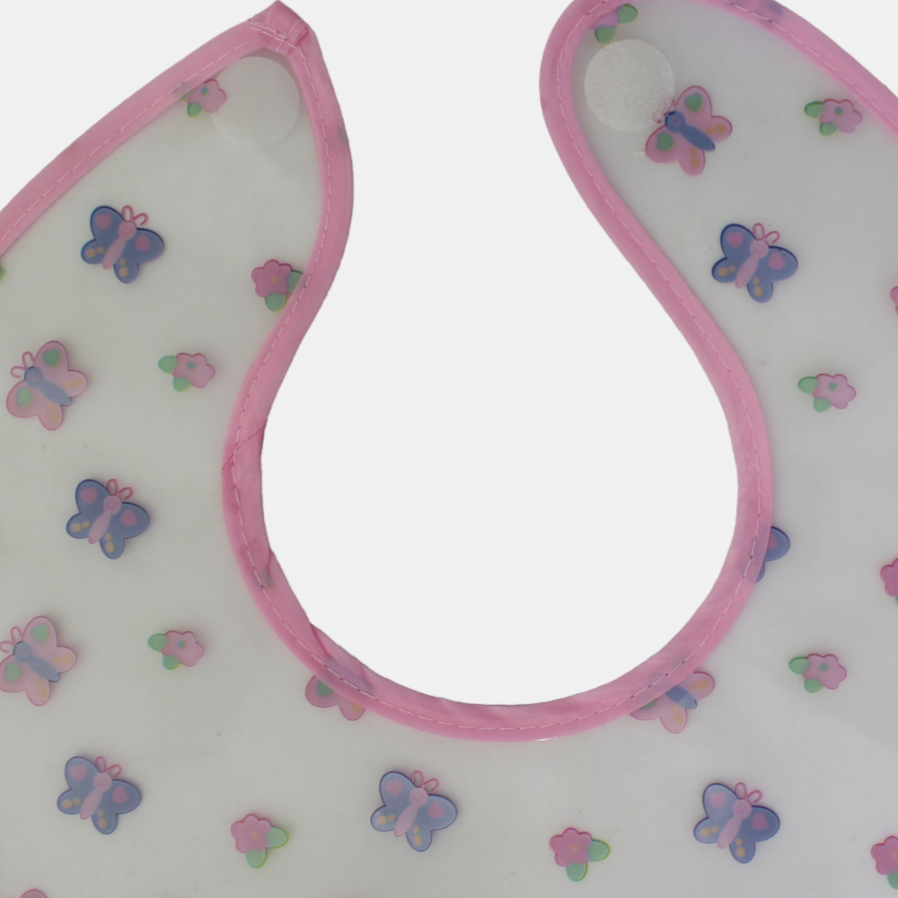 Waterproof Plastic Baby Bib – Pink with Butterflies Print