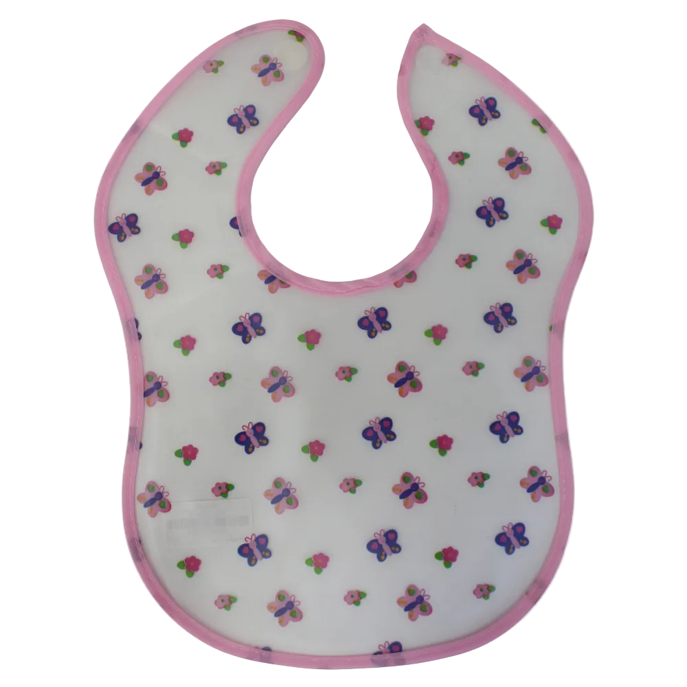 Waterproof Plastic Baby Bib – Pink with Butterflies Print