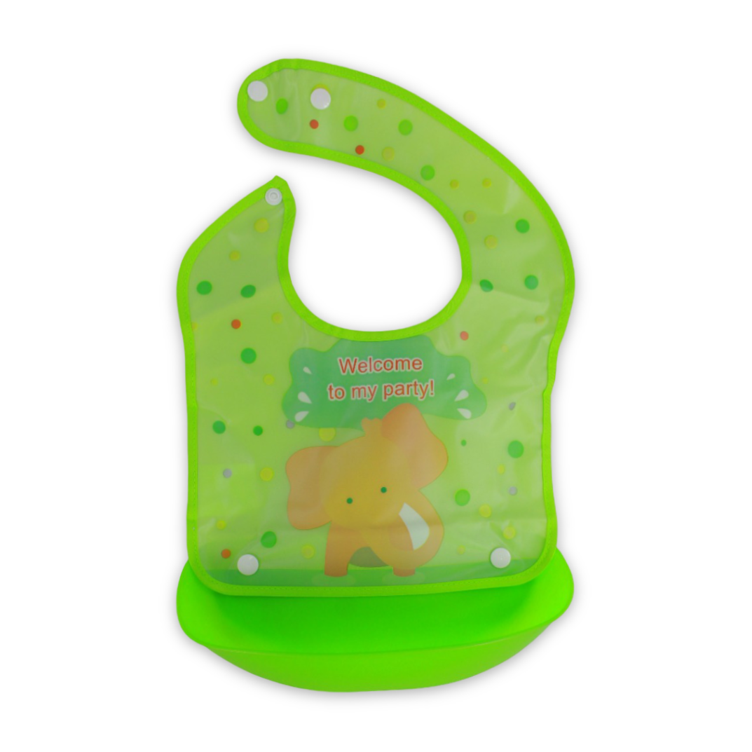 Silicone Baby Bib with Food-Catching Pocket – Green with Elephant Print - Baby Essentials - Bella Bambino