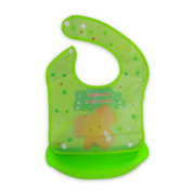 Silicone Baby Bib with Food-Catching Pocket – Green with Elephant Print