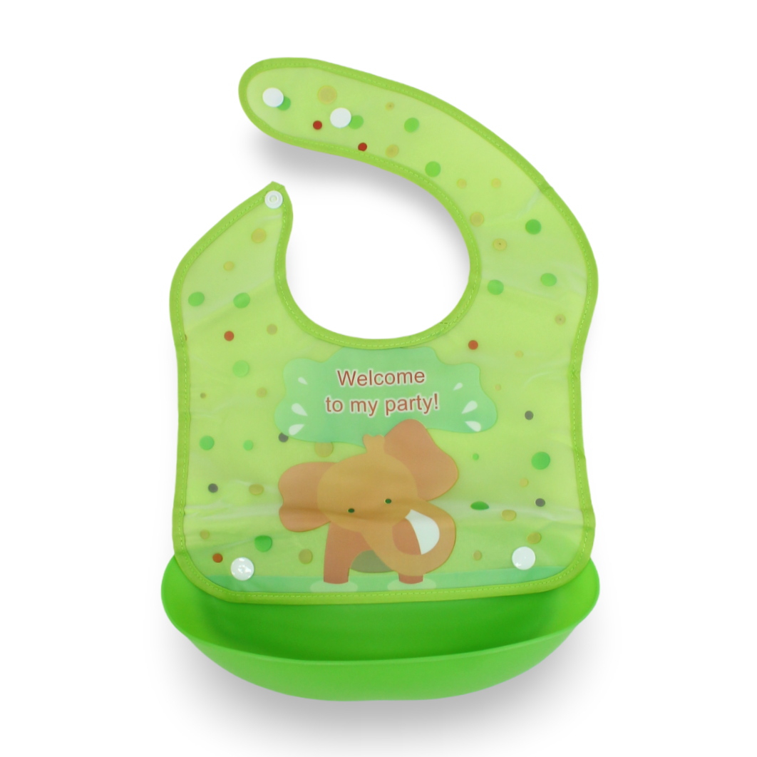 Silicone Baby Bib with Food-Catching Pocket – Green with Elephant Print