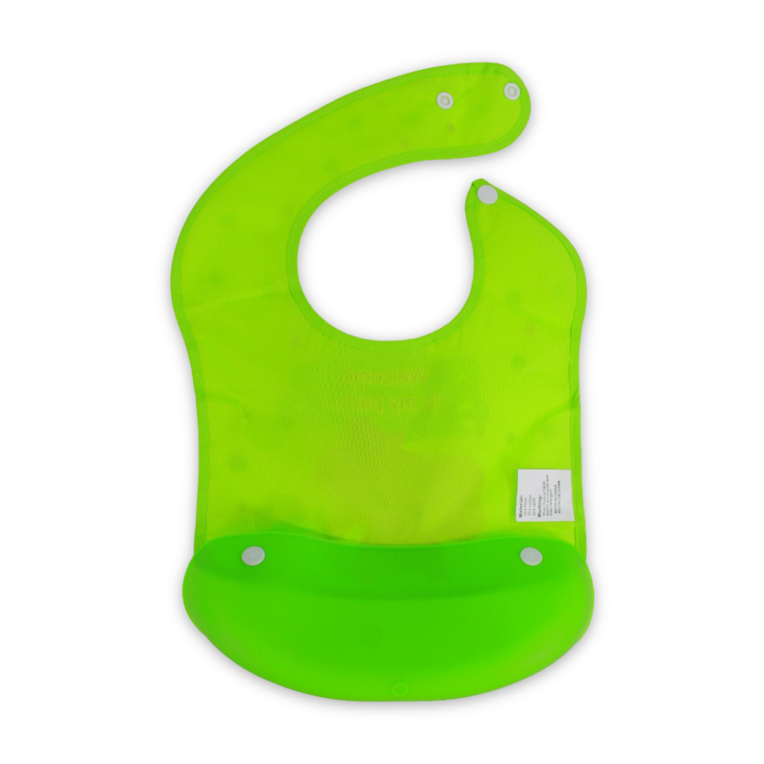 Silicone Baby Bib with Food-Catching Pocket – Green with Elephant Print