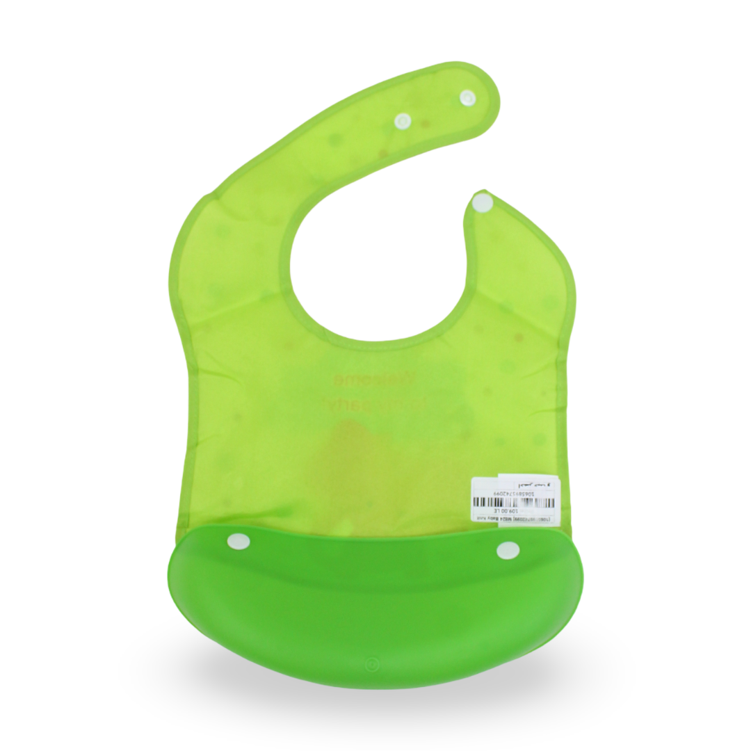 Silicone Baby Bib with Food-Catching Pocket – Green with Elephant Print