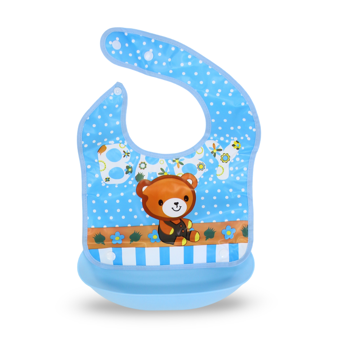 Silicone Baby Bib with Food-Catching Pocket – Baby Blue with Bear Print - Baby Essentials - Bella Bambino