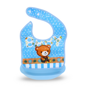 Silicone Baby Bib with Food-Catching Pocket – Baby Blue with Bear Print