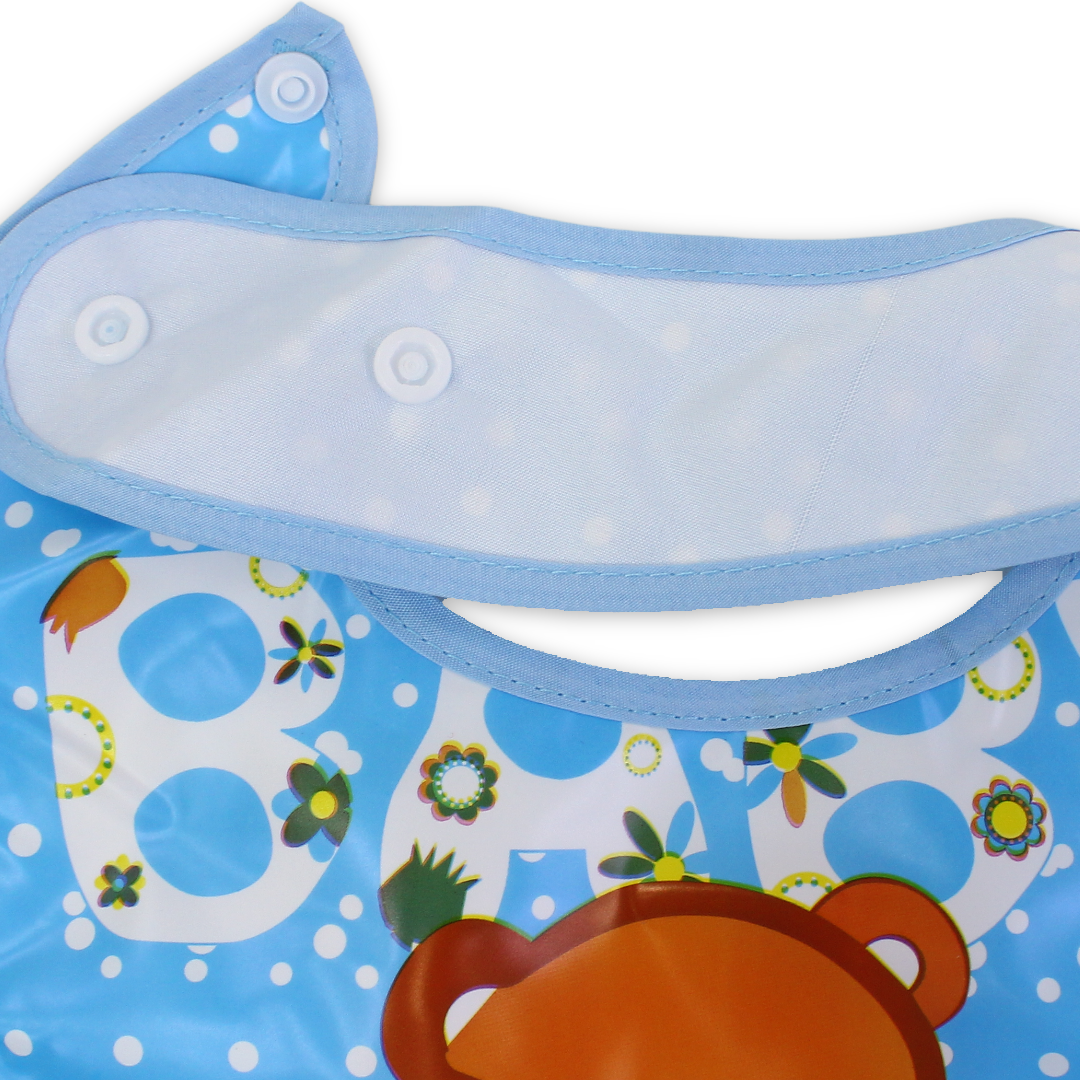 Silicone Baby Bib with Food-Catching Pocket – Baby Blue with Bear Print