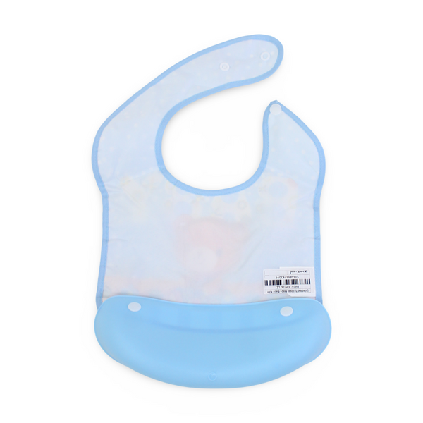 Silicone Baby Bib with Food-Catching Pocket – Baby Blue with Bear Print