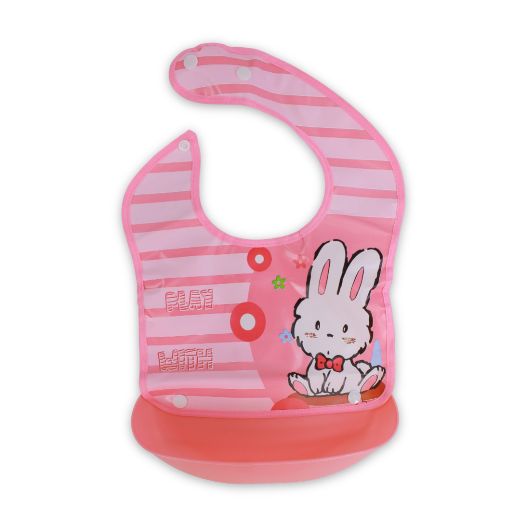 Silicone Baby Bib with Food-Catching Pocket – Pink with Bunny Print