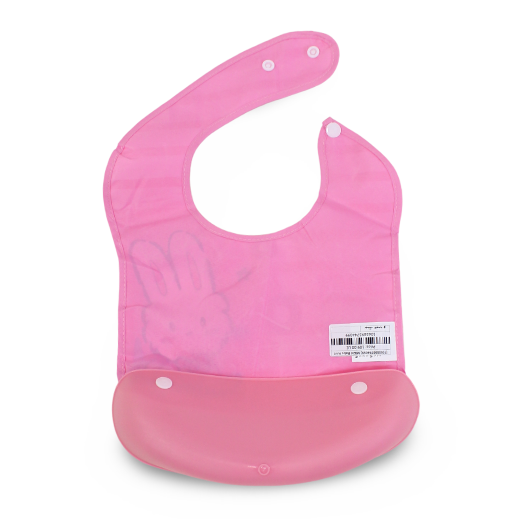 Silicone Baby Bib with Food-Catching Pocket – Pink with Bunny Print