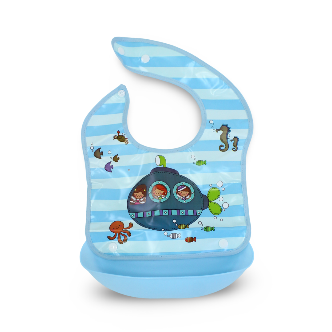 Silicone Baby Bib with Food-Catching Pocket – Baby Blue with Submarine Print