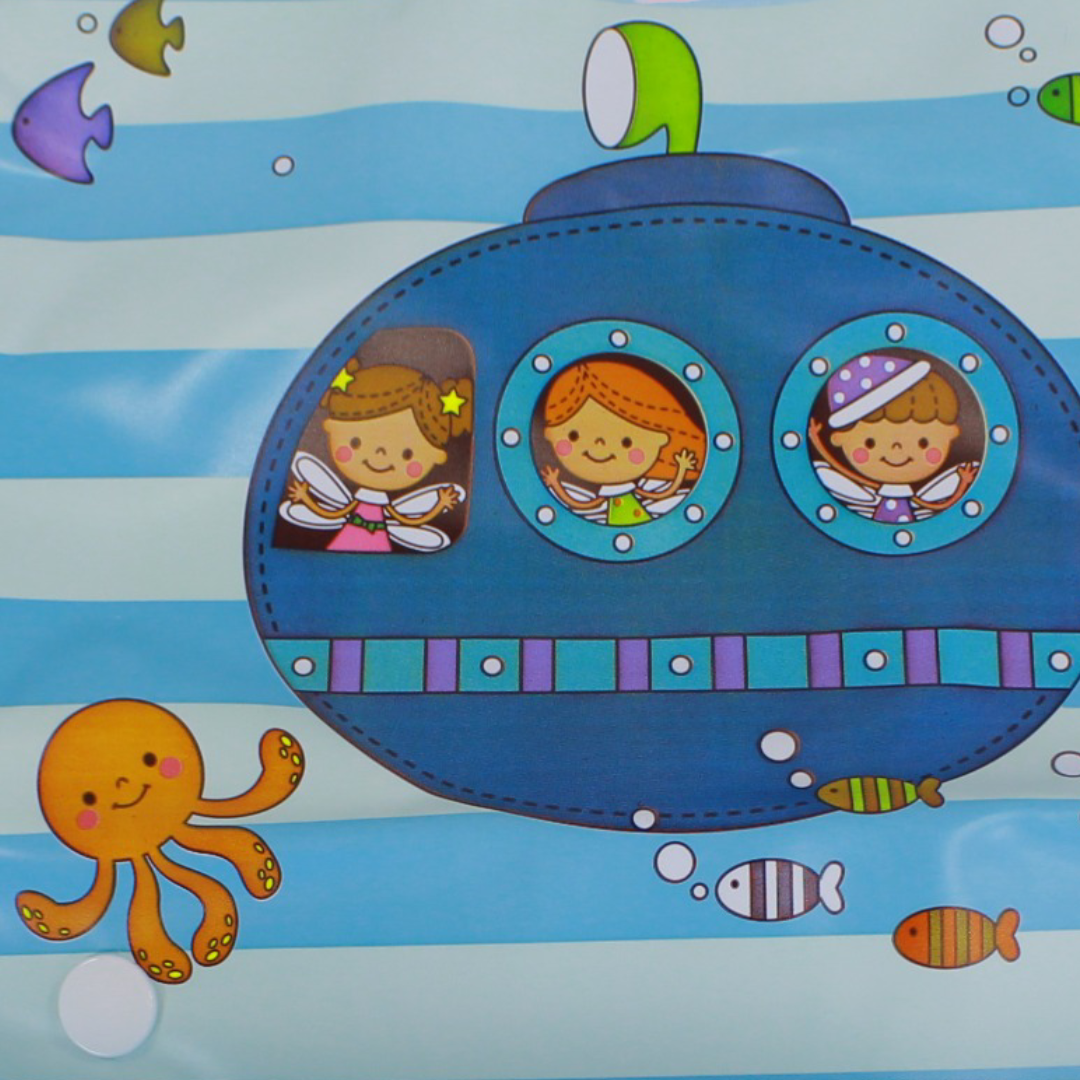 Silicone Baby Bib with Food-Catching Pocket – Baby Blue with Submarine Print