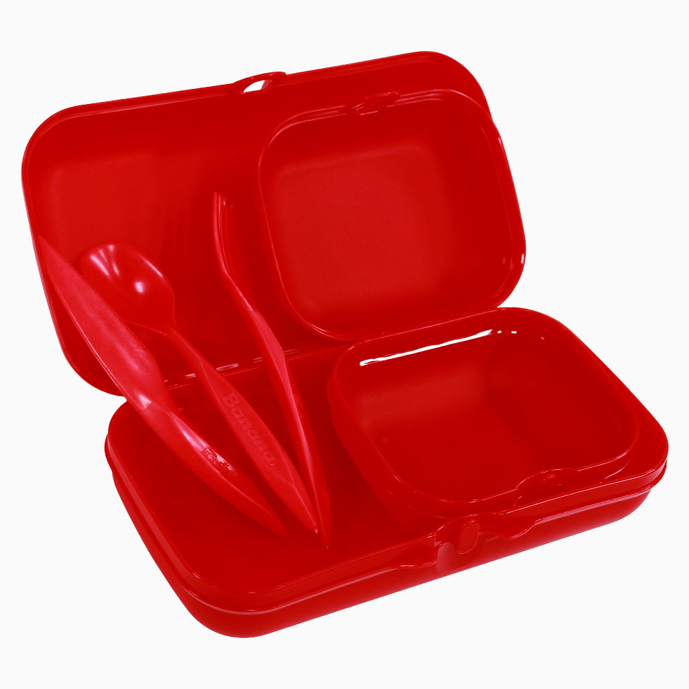 Red Plastic Lunch Box Set – (3-in-1 Easy Lock)