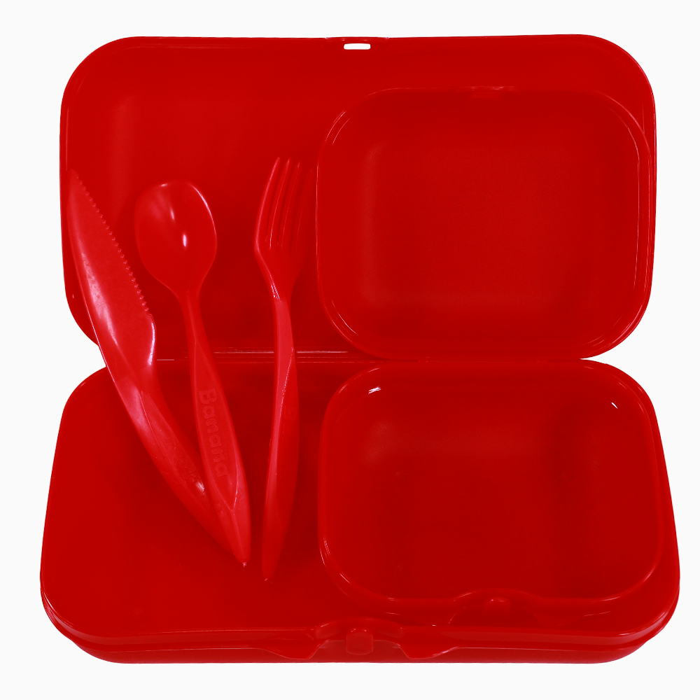 Red Plastic Lunch Box Set – (3-in-1 Easy Lock)