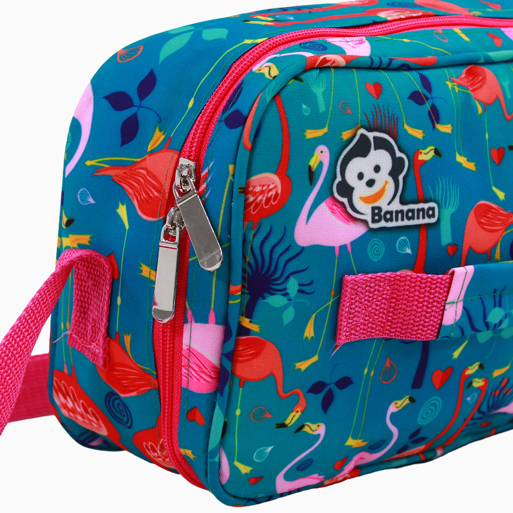 Fabric Lunch Bag – Turquoise with Flamingo Design