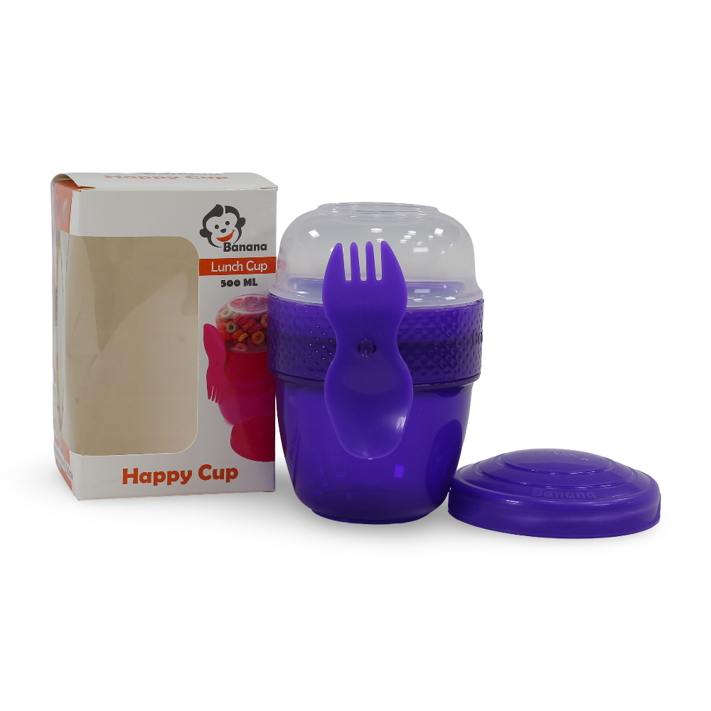 Happy Cup with Lid and Fork for Snacks - Purple (500 ml)