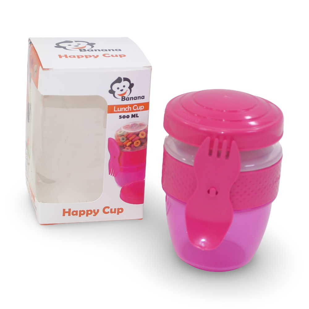 Happy Cup with Lid and Fork for Snacks - Pink (500 ml)