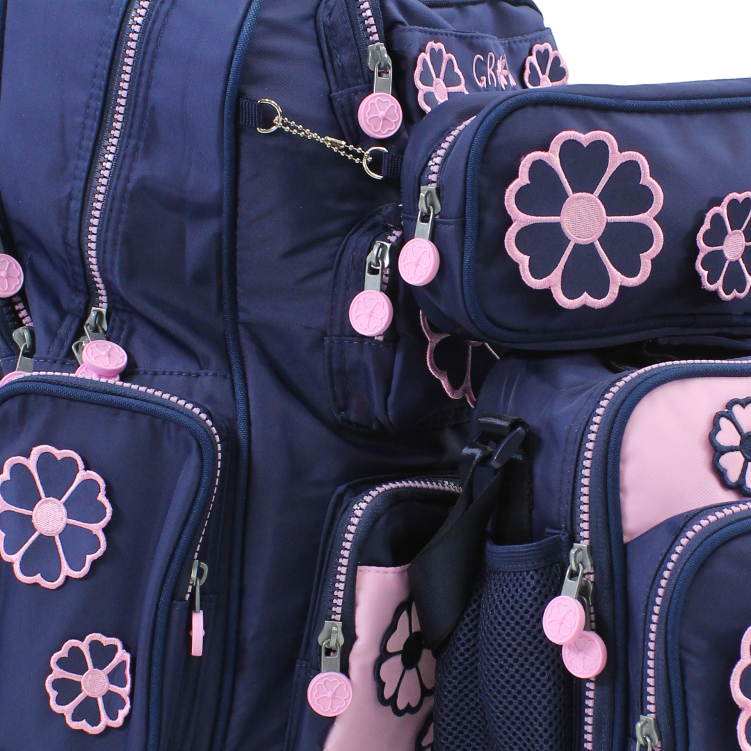 Glossy Bird School Set Flowers Backpack – Navy