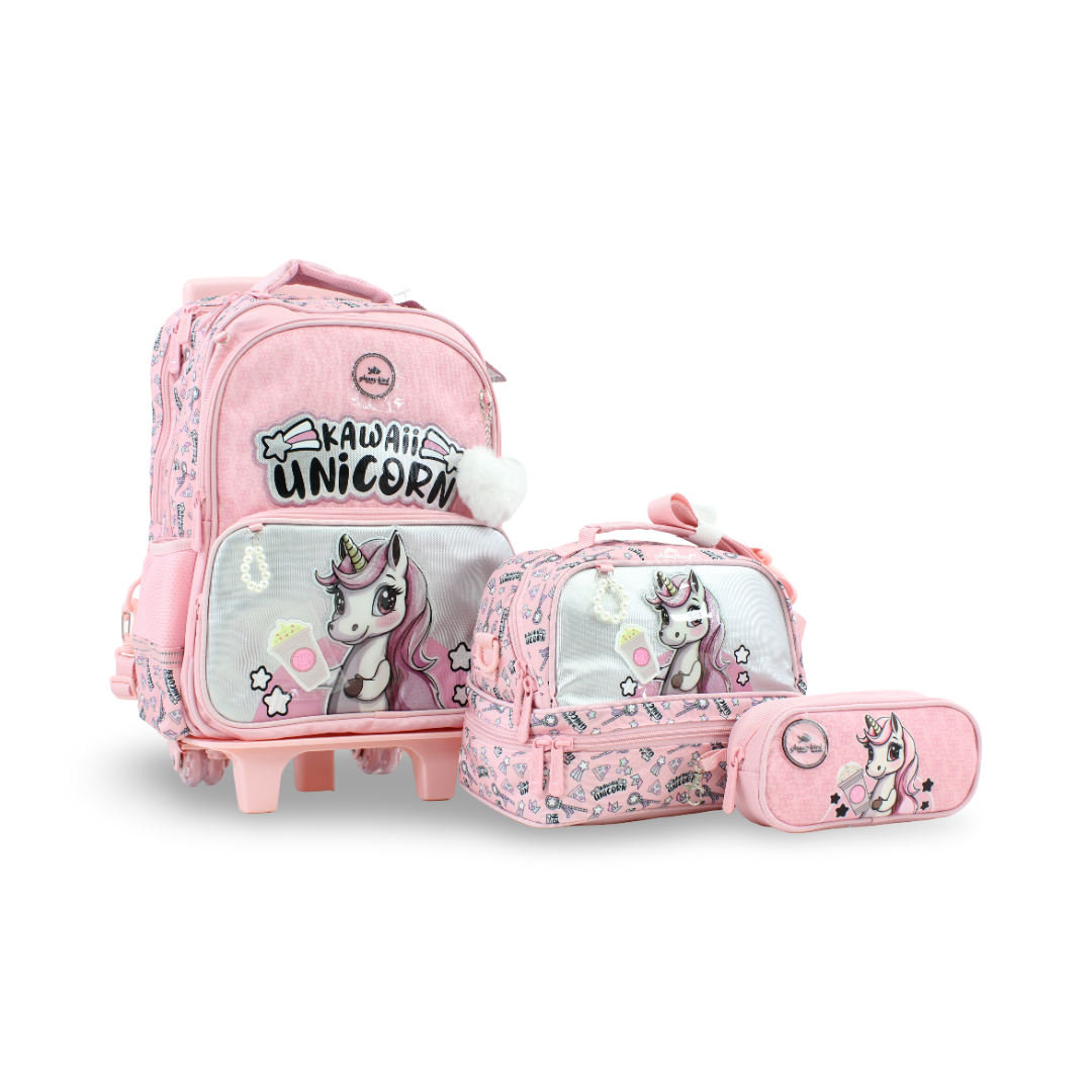 Glossy Bird School Set Unicorn Trolley Backpack – Pink