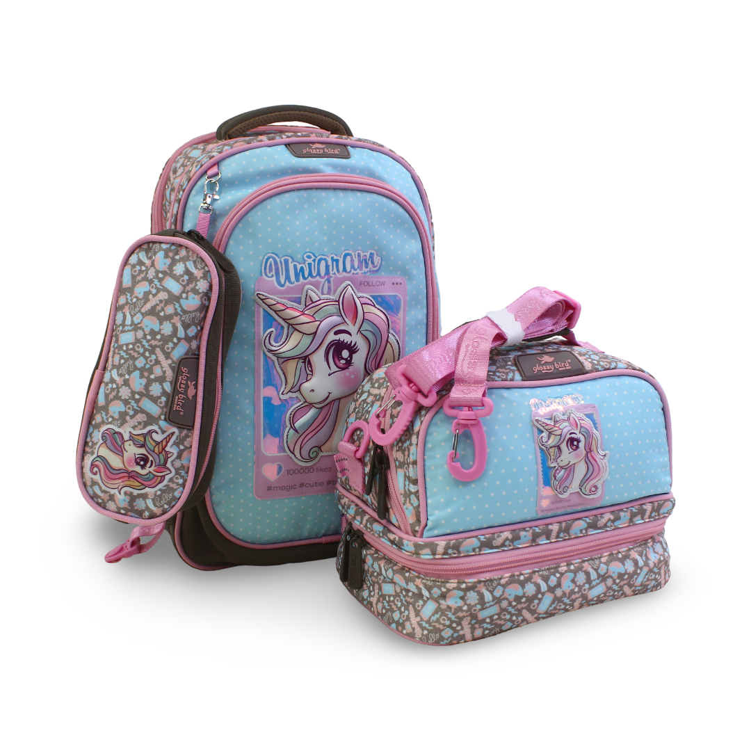 Glossy Bird School Set Unicorn Backpack – Blue