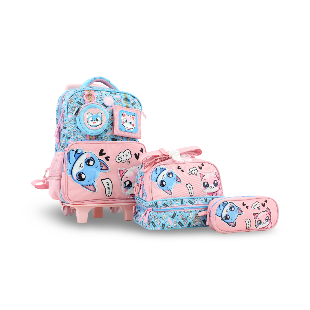 Glossy Bird School Set Cute Cat Trolley Backpack – Pink