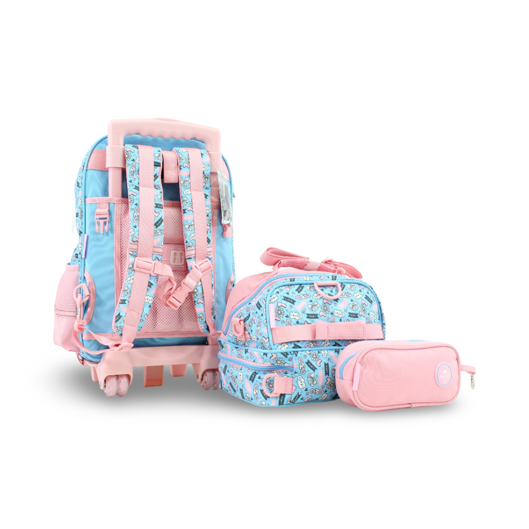 Glossy Bird School Set Cute Cat Trolley Backpack – Pink