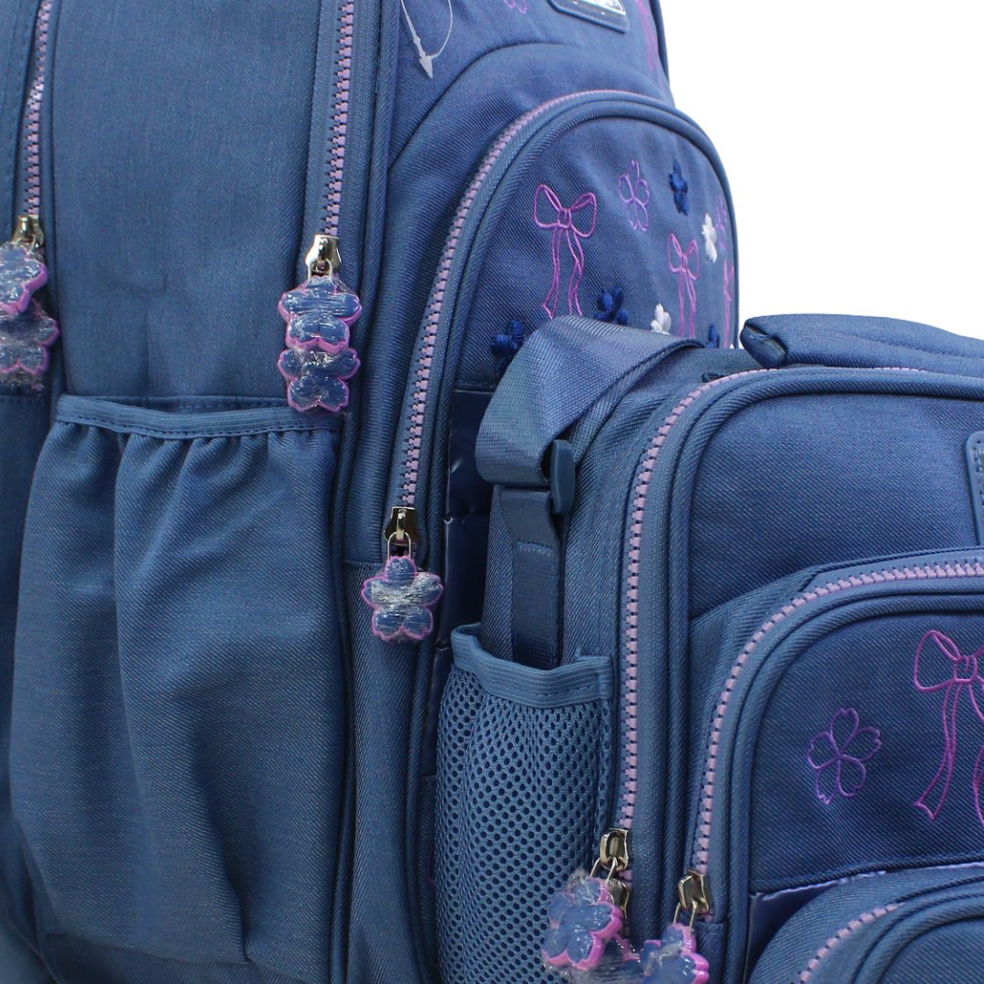 Glossy Bird School Set Flowers Backpack – Blue