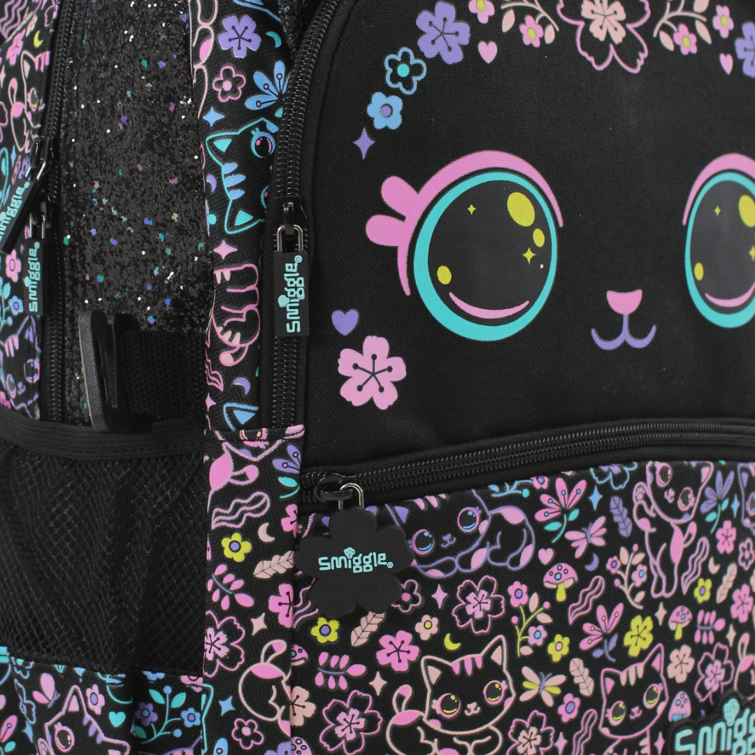 Smiggle Backpack Cats and Flowers Design 17 Inches – Black