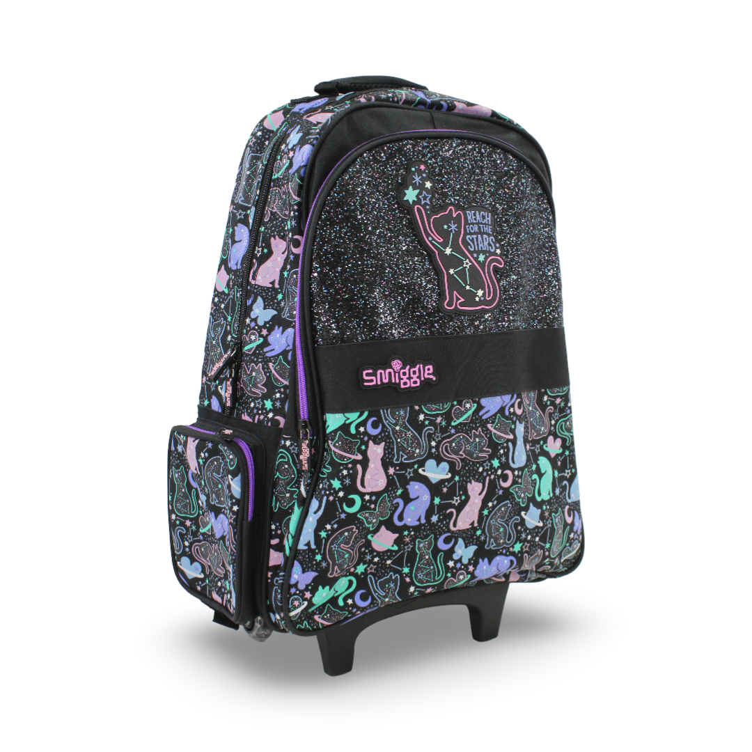 Smiggle Trolley Bag Cats and Stars Design 18 Inches – Black
