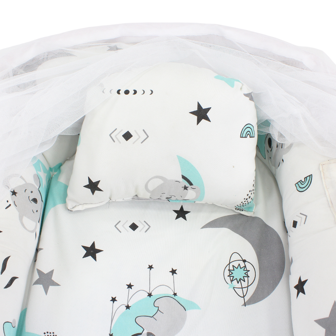 Newborn Baby Nest Bed – Grey with Koala, Crescent Moon, and Stars Print