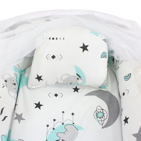 Newborn Baby Nest Bed – Grey with Koala, Crescent Moon, and Stars Print