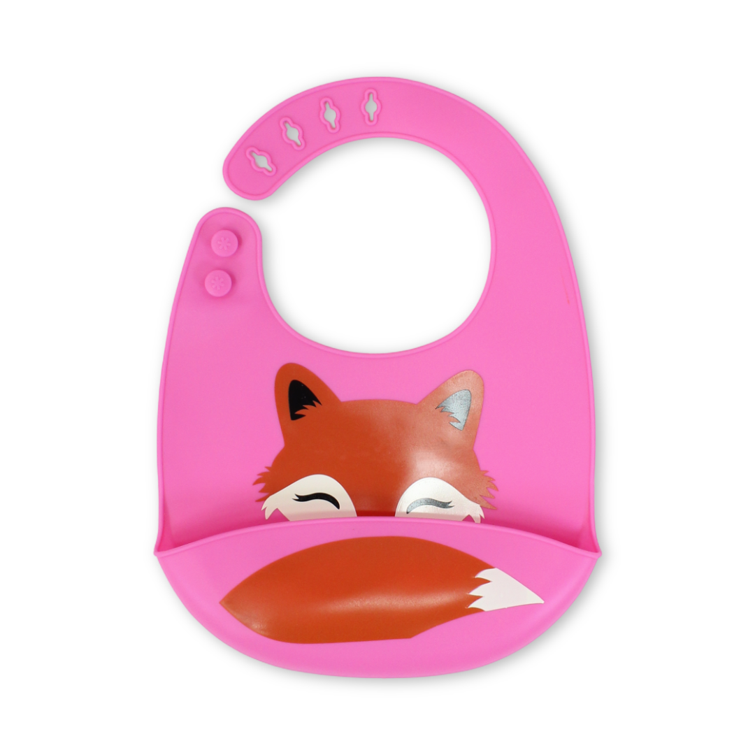 Silicone Baby Bib – Pink with Fox Print
