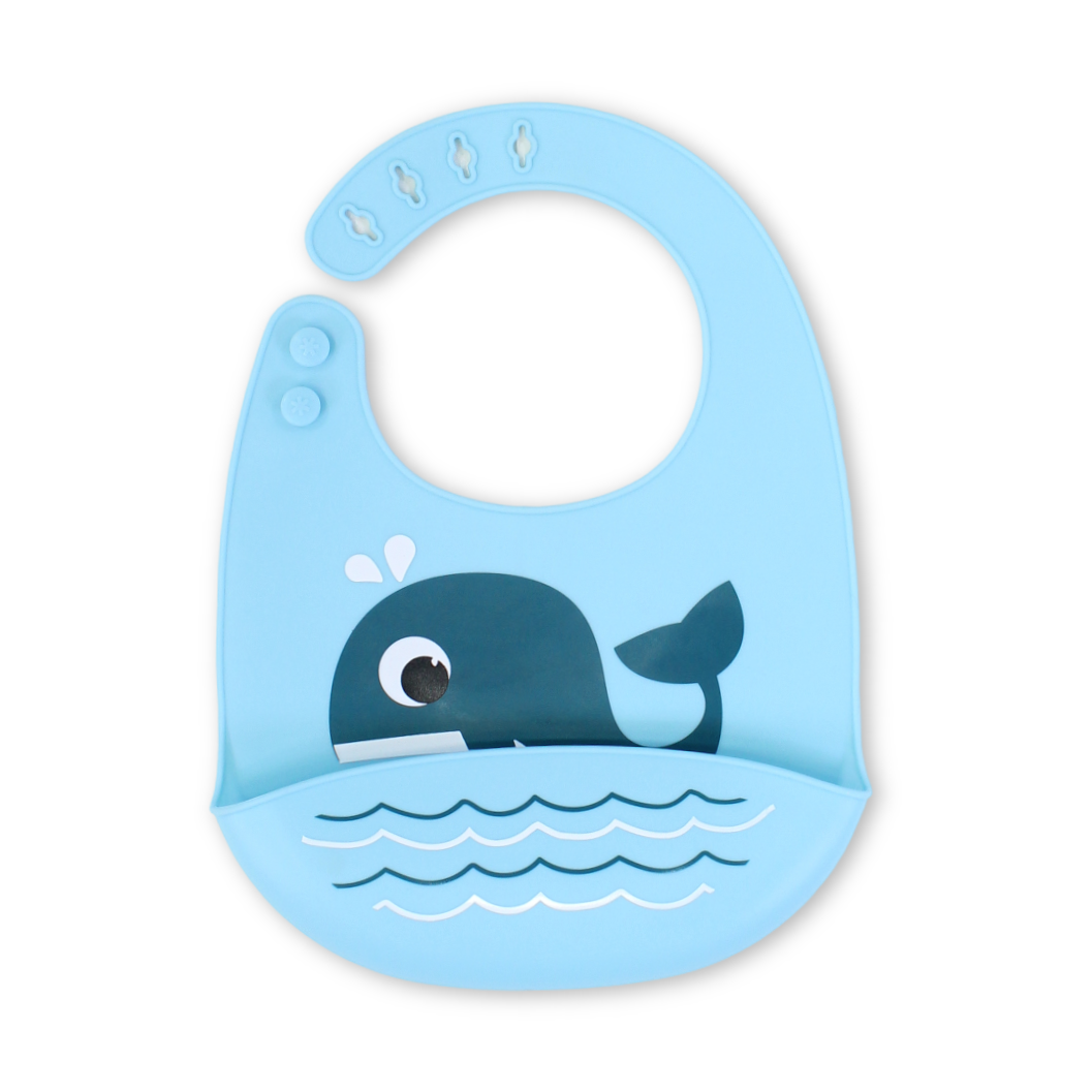 Silicone Baby Bib – Baby Blue with Whale Print