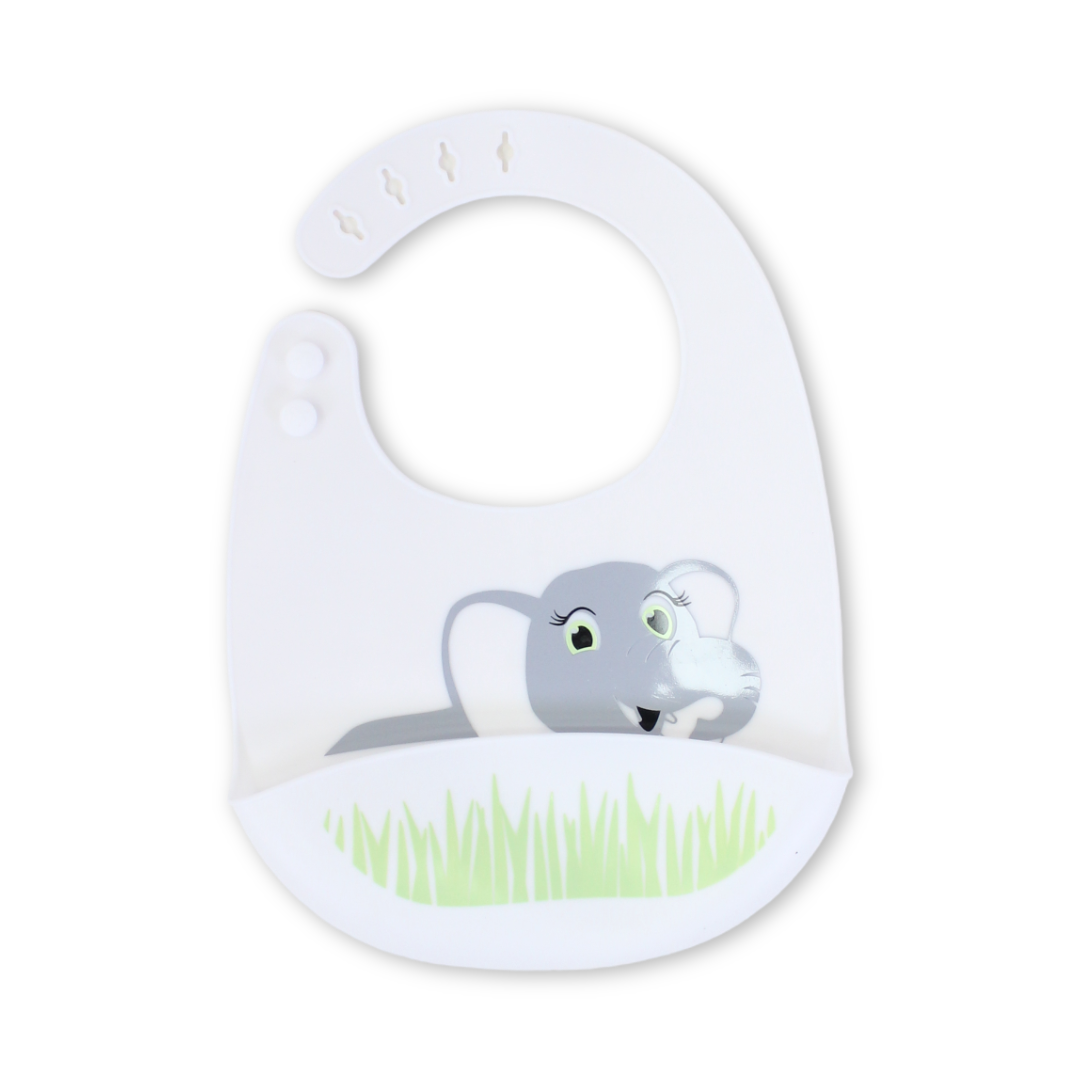 Silicone Baby Bib – White with Elephant Print