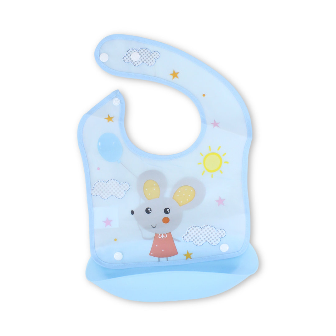 Silicone Baby Bib with Food Catcher Pocket – Baby Blue with Mouse Print
